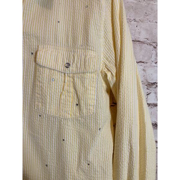 Quacker Factory Top Womens Large Yellow Striped Jewel Snap Up Beaded Button Up - Picture 5 of 13